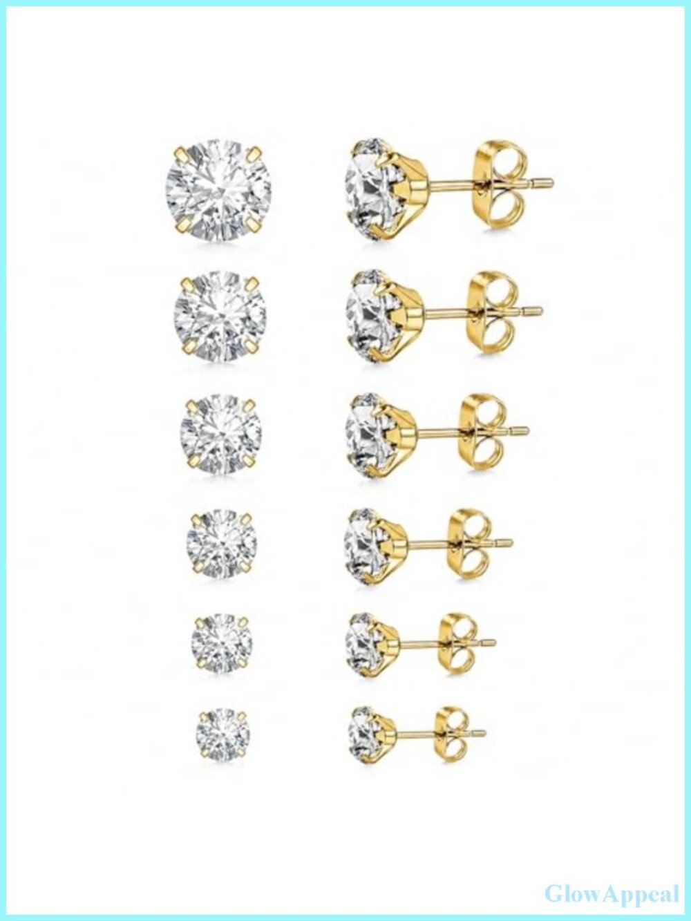 6 Pairs 14K Gold Plated Hypoallergenic Cubic Zirconia Stud Earrings Set